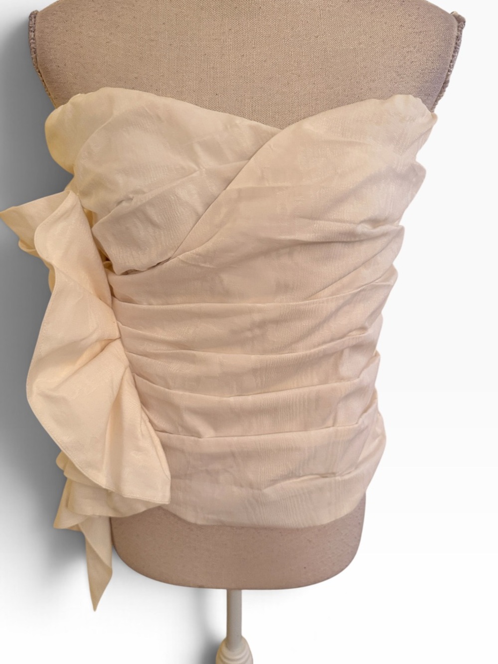 Express Cream Ruched Ruffle Bustier Strapless Top with Round Ruffle Side Accent - Picture 2 of 7